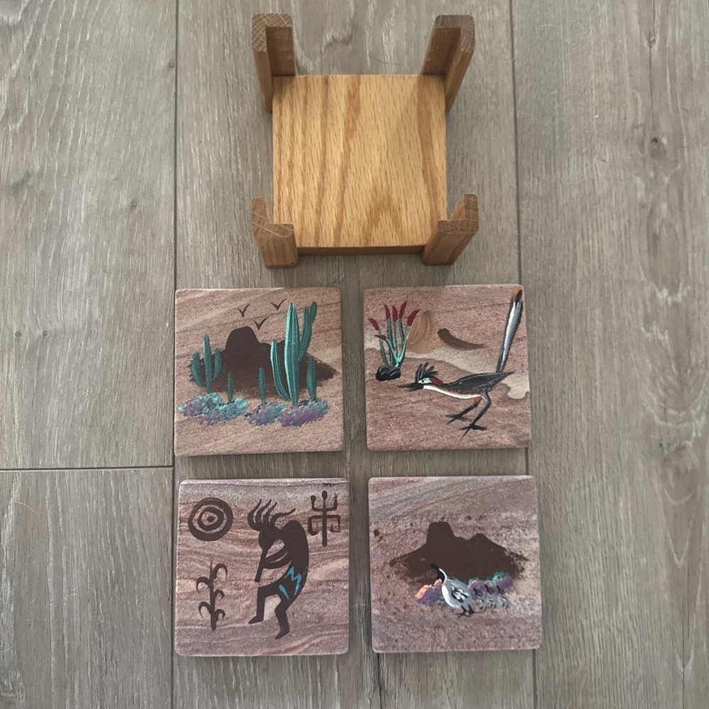 Set of 4 Sandstone Southwest/Desert Hand Painted Coasters‎ with Cork Backing